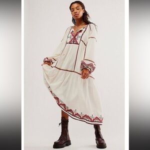 Free People Ivory and Burgundy Long Sleeve Dress